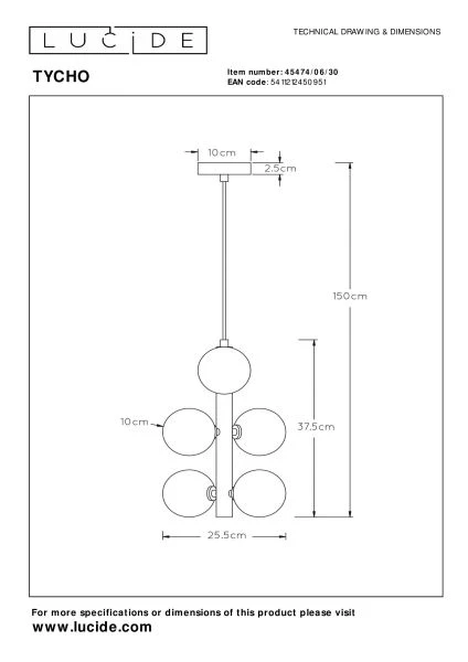 Lucide TYCHO - Hanglamp - Ø 25,5 cm - 6xG9 - Zwart - technisch